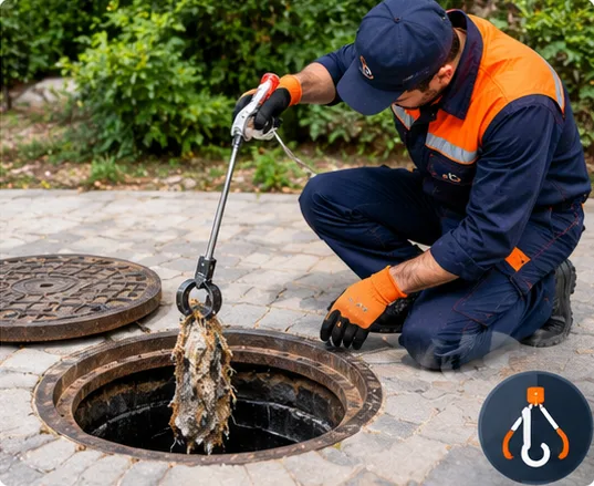 خارج کردن اشیا از چاه فاضلاب با ابزار قلاب‌دار
